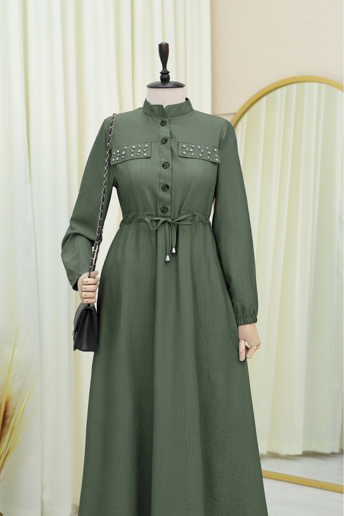 Dress with Stoned Pockets, Elasticated Sleeves and Tied Waist -Khaki