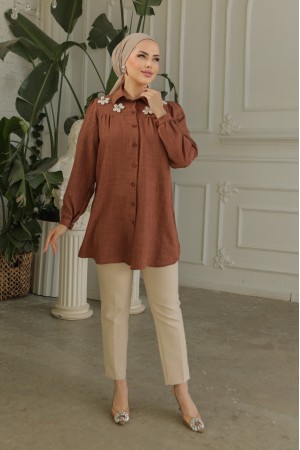 تونيك من الكتان مع رداء مُجمَّع وزخارف خاصة -بني محروق