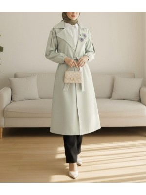 Broşlu Taş Detaylı Balon Kol Trençkot -Taş