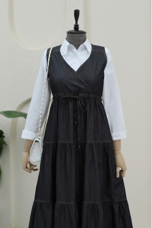 Tünel Bağcıklı V Yaka Kot Jile -Antrasit