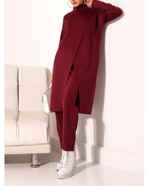 Stand Collar Front Double Layer Tunic Trousers Scuba Suit -Maroon