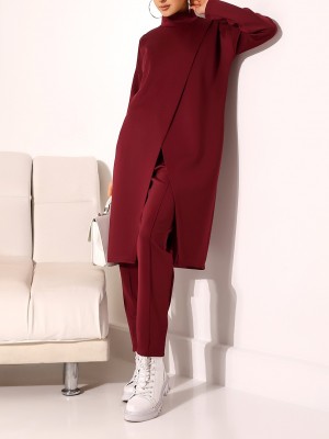 Dik Yaka Önü Çift Kat Tunik Pantolon Scuba Takım -Bordo