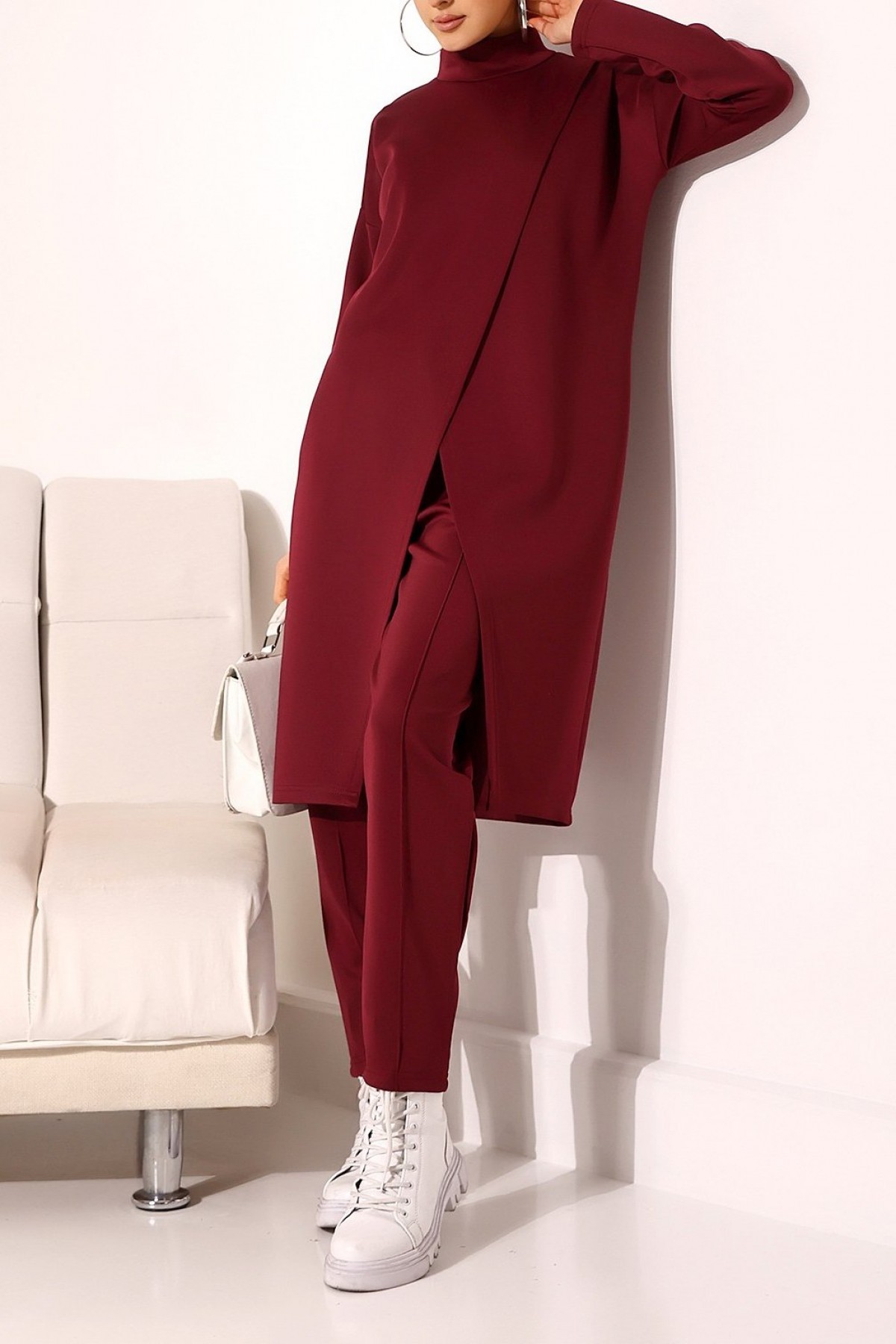Stand Collar Front Double Layer Tunic Trousers Scuba Suit -Maroon
