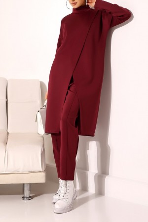 Dik Yaka Önü Çift Kat Tunik Pantolon Scuba Takım -Bordo