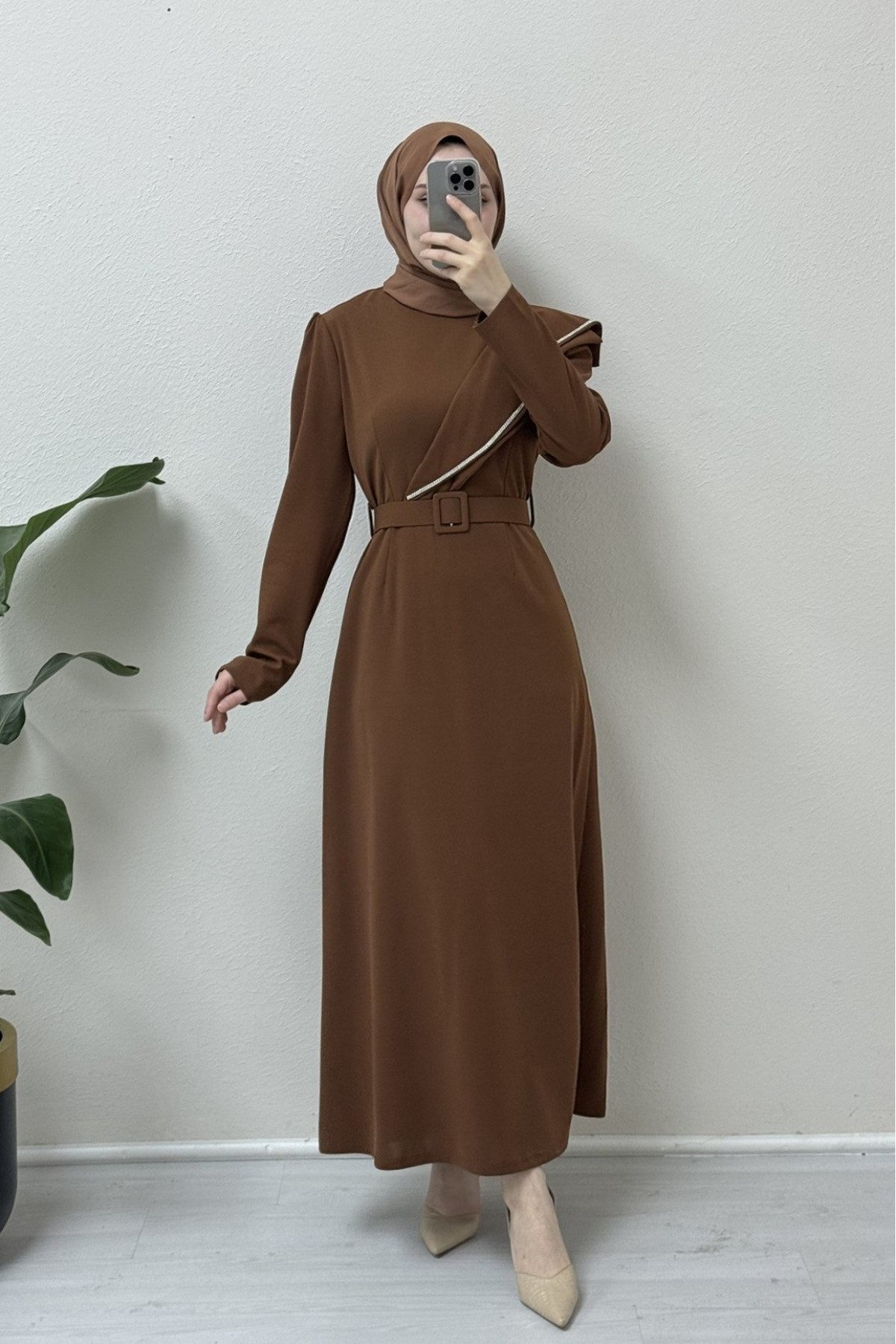 Stone embroidered Belted Crepe Dress -Brown