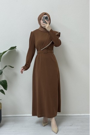Taş işlemeli Kemerli Krep Elbise -Kahve