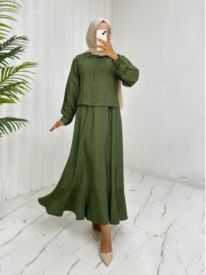 Omuzu Taşlı Düğmeli Ceket Etek Keten Takım -Haki