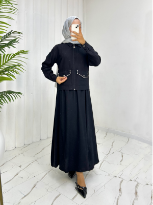 Fermuarlı Ceketli Beli Lastikli Etekli Keten Takım -Siyah