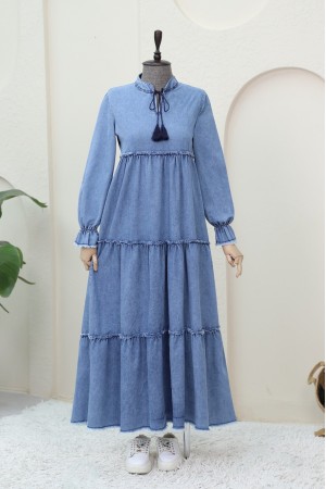 Kolları Lastikli Parçalı Kot Elbise   -Buz Mavi