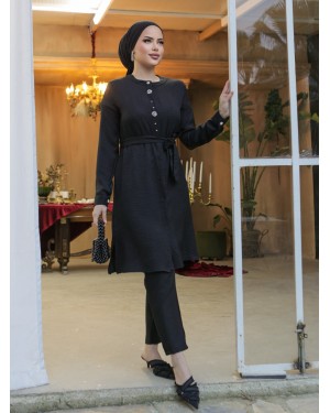 Taş İşlemeli Boydan Düğmeli Kuşaklı Keten Uzun Tunik -Siyah