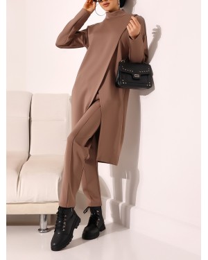 Stand Collar Front Double Layer Tunic Trousers Scuba Suit - Soil