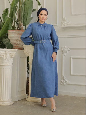 Yakası taşlı Büzgü Kollu Kemerli Keten Elbise  -İndigo