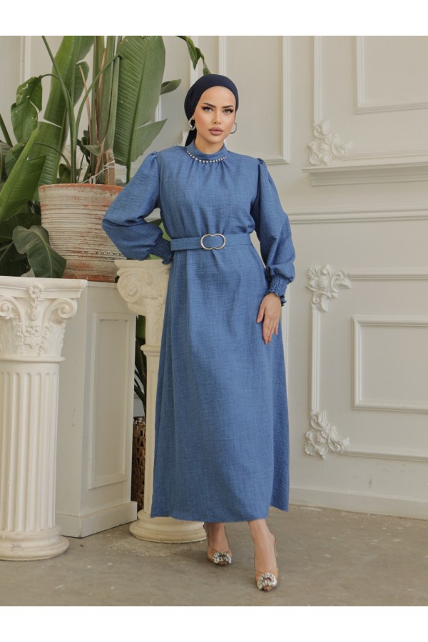 Belted Linen Dress with Stone Collar, Gathered Sleeves  -İndigo