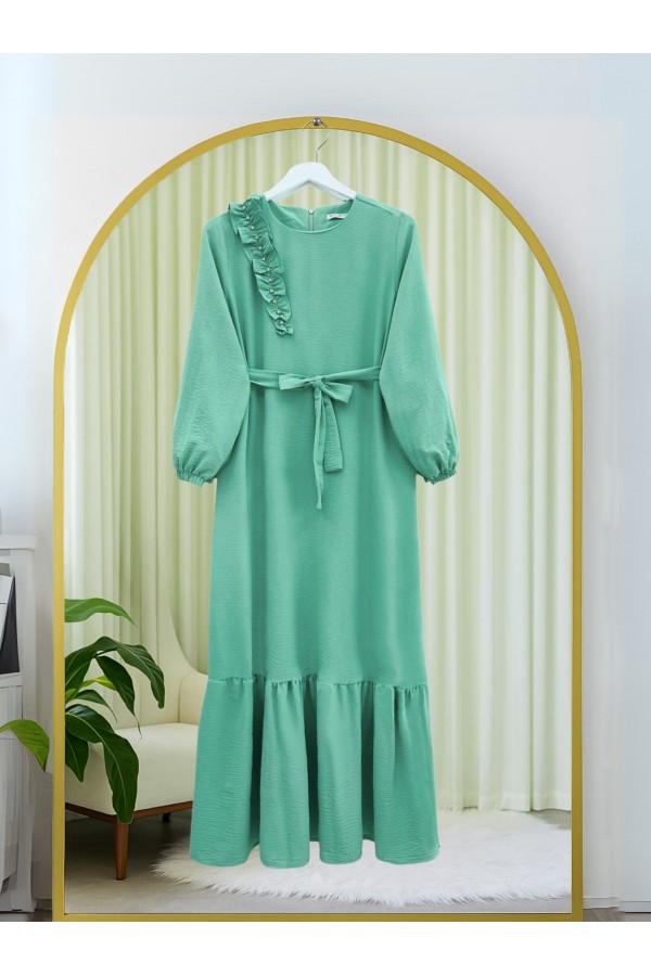 Ruffle Stone Detailed Piece Skirt Belted Ayrobin Dress -Cagla Green