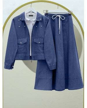 Pearly Zippered Jacket Skirt Denim Set -İndigo