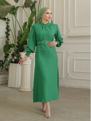 Yakası taşlı Büzgü Kollu Kemerli Keten Elbise  -Koyu Yeşil