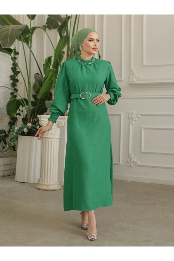 Belted Linen Dress with Stone Collar, Gathered Sleeves -Dark green