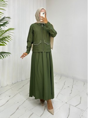 Fermuarlı Ceketli Beli Lastikli Etekli Keten Takım -Haki