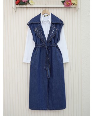 Belted Denim Vest with Stone Detail on the Front -İndigo