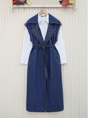 Önü Taş Detaylı Kemerli Kot Yelek -İndigo