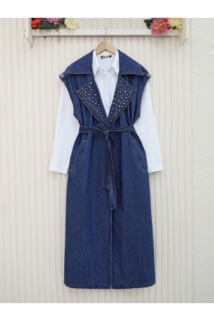 Önü Taş Detaylı Kemerli Kot Yelek -İndigo