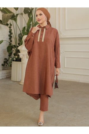 تونيك كتان كاجوال مطرز بالدانتيل بأزرار -بني كاشف