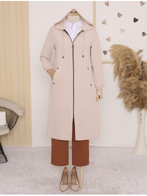 Kapşonlu Cepli Ayrobin Kap -Krem