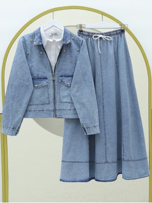 Serpme İncili Fermuarlı Ceket Etek Kot Takım  -Buz Mavi