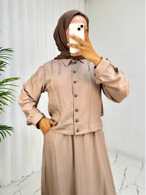 Omuzu Taşlı Düğmeli Ceket Etek Keten Takım -Vizon