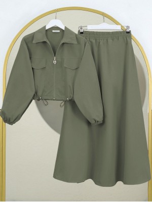 Elastic Waist Skirted Suit -Khaki