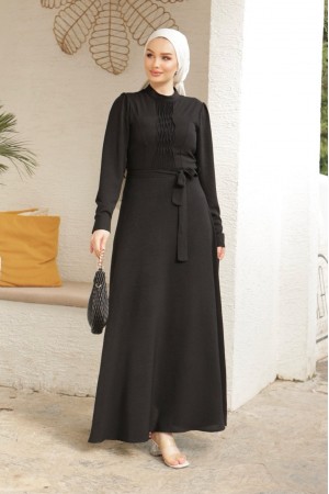 Belted Ayrobin Dress with Çima Detail -Black