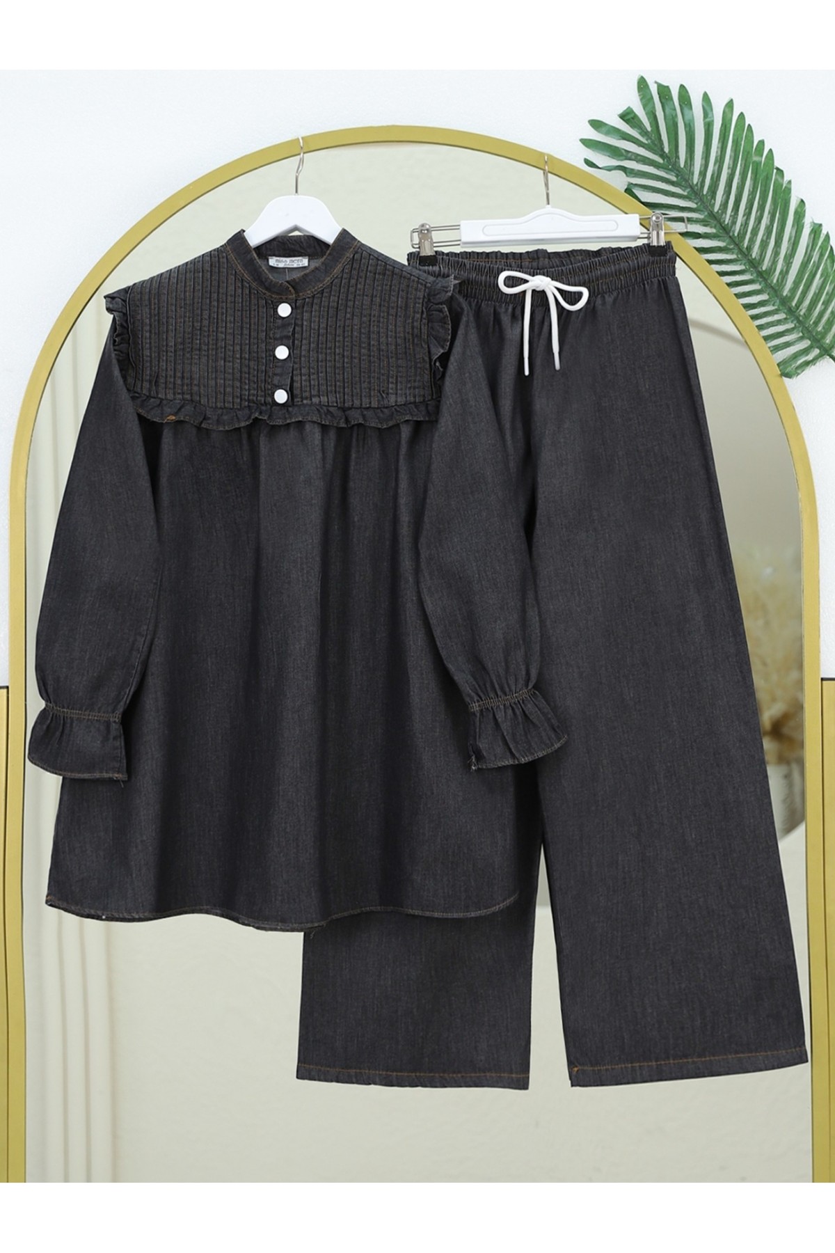 Denim Set with Frilled Robe and Elasticated Sleeves and Wide Leg Trousers  -Anthracite