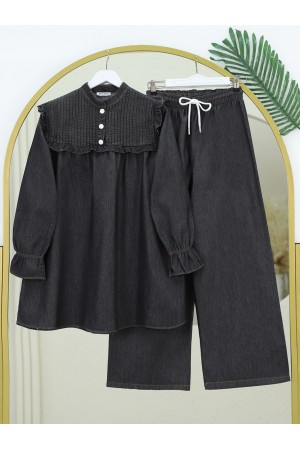 Robası Fırfırlı Kolu Lastikli Bol Paça Pantolonlu Kot Takım  -Antrasit