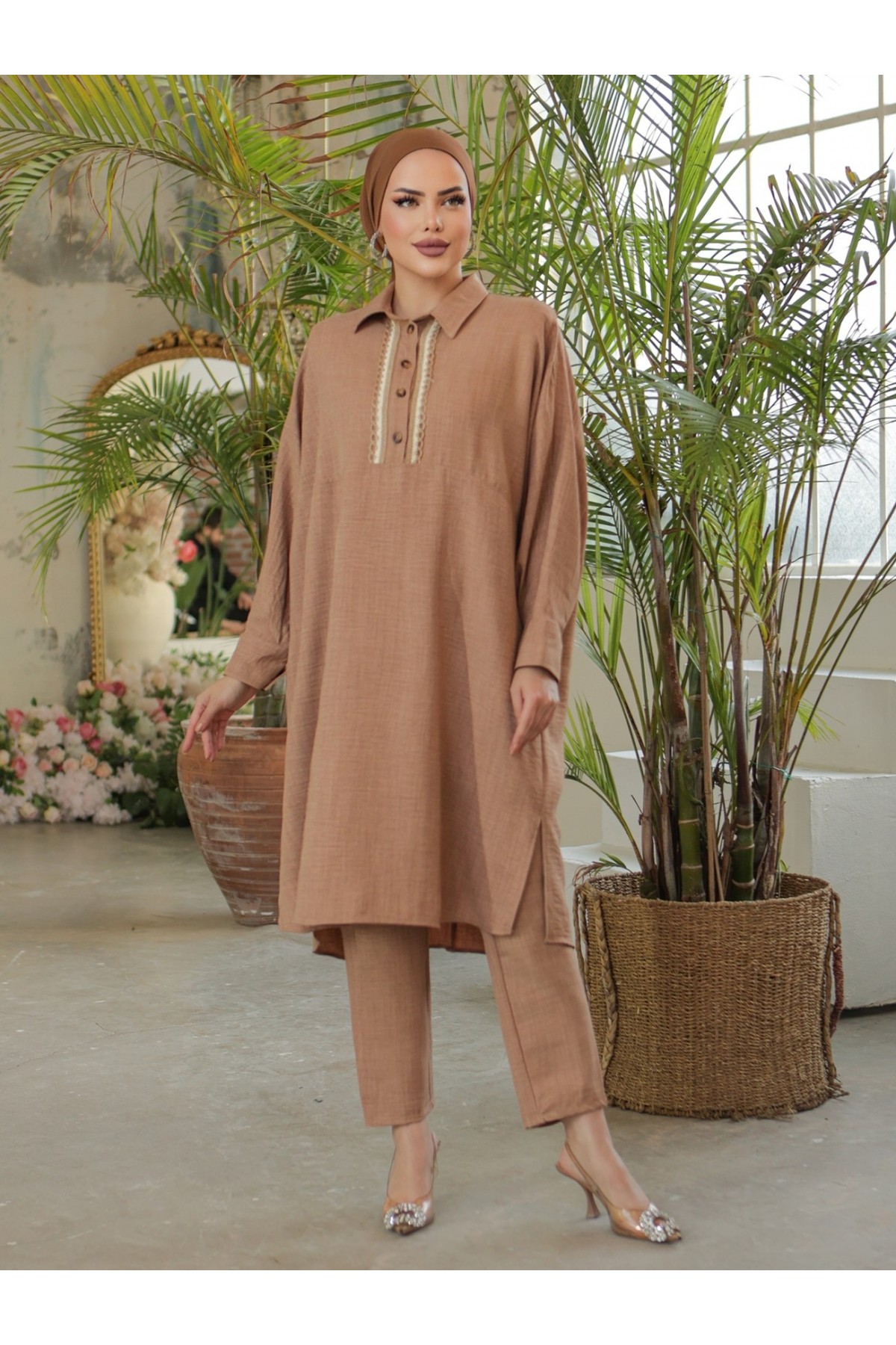 Buttoned Lace Embroidered Casual Linen Tunic -Mink color