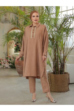 تونيك كتان كاجوال مطرز بالدانتيل بأزرار -تدرجات البيج