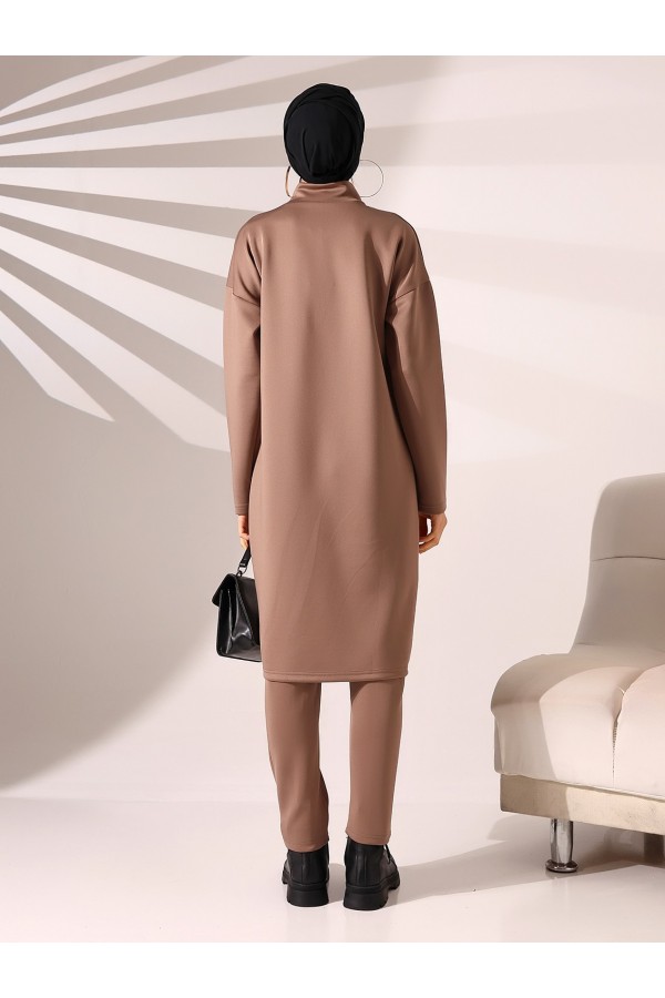 Stand Collar Front Double Layer Tunic Trousers Scuba Suit - Soil