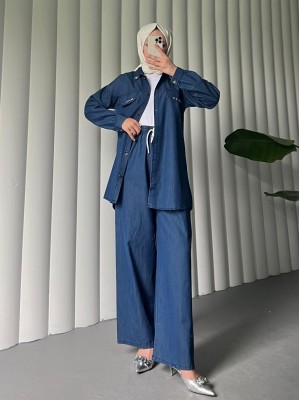 Düğmeli Cep Detaylı Bol Paça Pantolonlu Kot Takım -İndigo