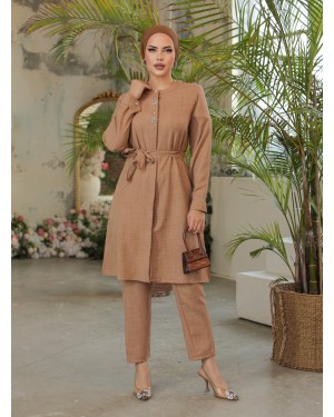 Taş İşlemeli Boydan Düğmeli Kuşaklı Keten Uzun Tunik -Vizon