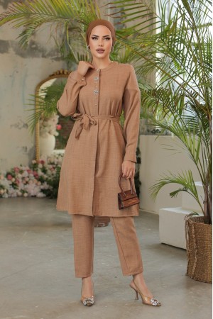 تونيك طويل من الكتان بأزرار مطرز بالأحجار -تدرجات البيج