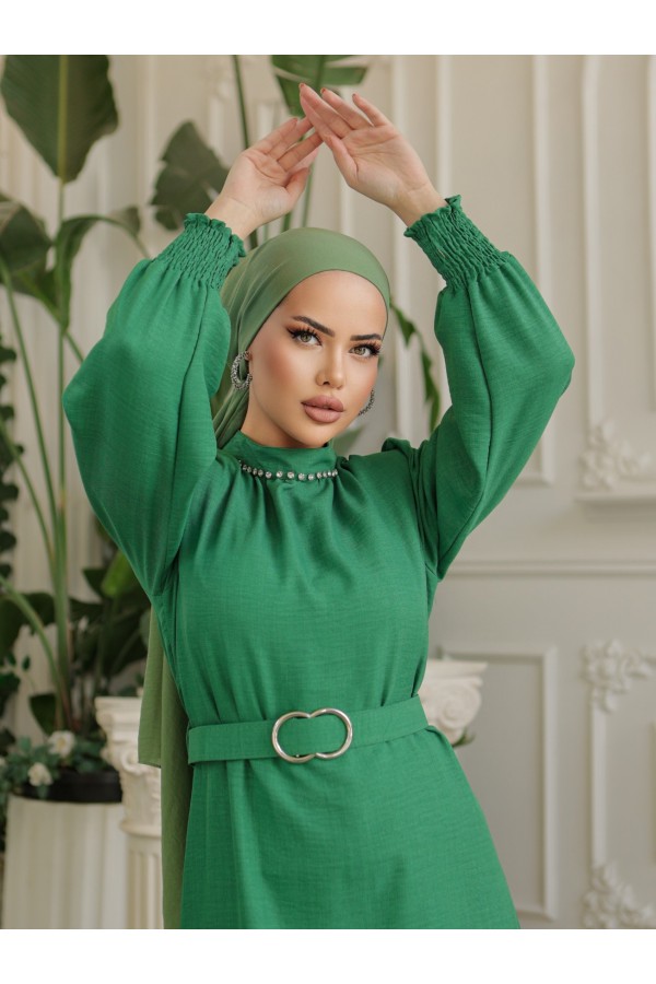 Belted Linen Dress with Stone Collar, Gathered Sleeves -Dark green