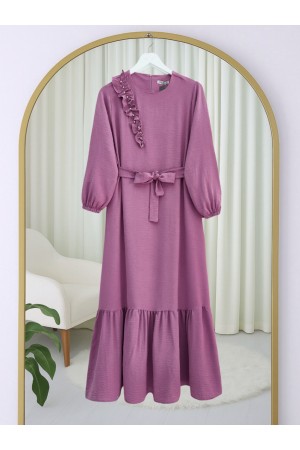 Fırfır Taş Detaylı Parça Eteklii Kemerli Ayrobin Elbise  -لون الكرز