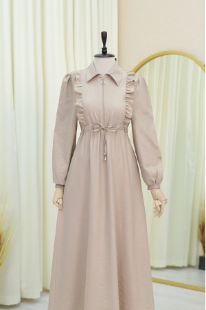 Half Buttoned Tunnel Laced Dress with Ruffle Front -Mink color