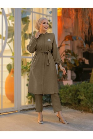 Broşlu Keten Tunik -Vizon