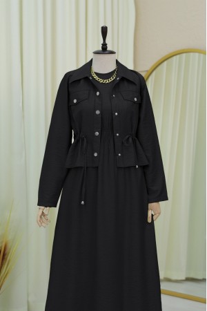 Metal Düğmeli Beli Bağlamalı Gömlek Jile Elbise -Siyah