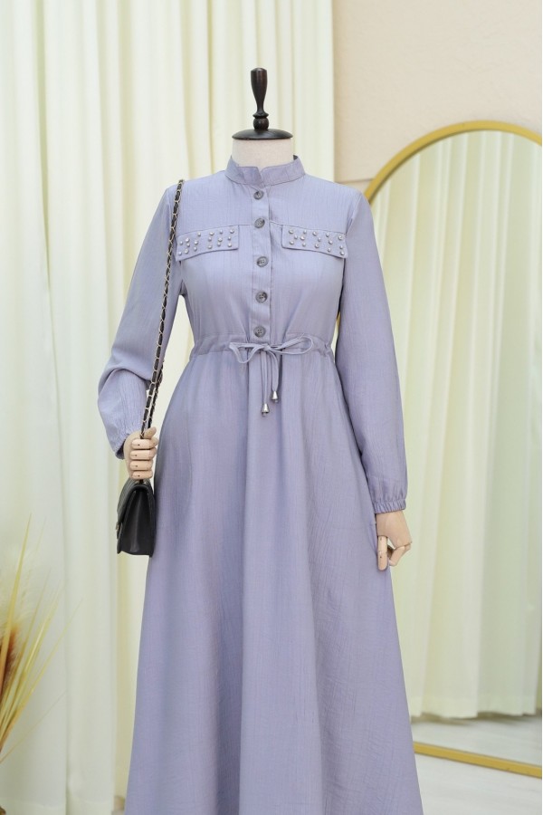 Dress with Stoned Pockets, Elasticated Sleeves and Tied Waist -Grey