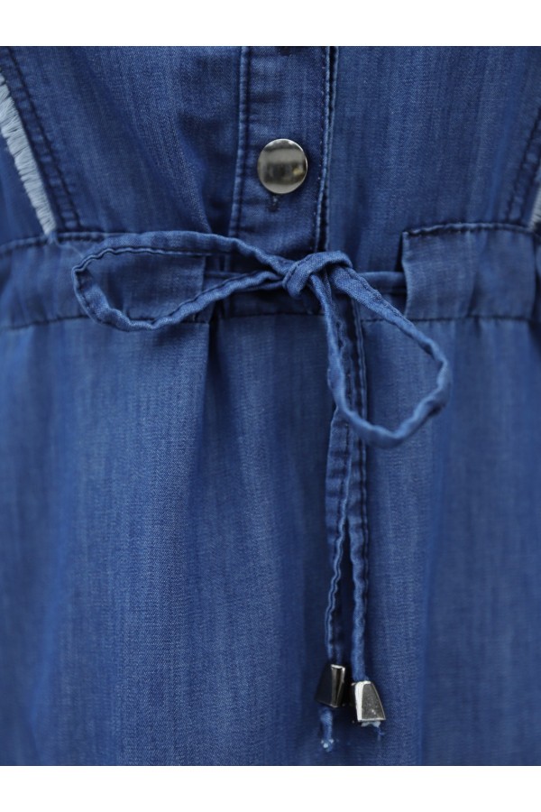 Half Buttoned Tassel Detailed Tunnel Laced Denim Dress -İndigo