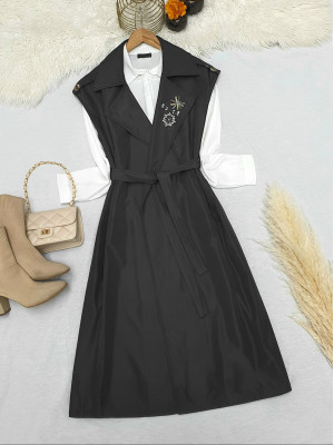 Taşlı Borş Detaylı Bonding Yelek -Siyah