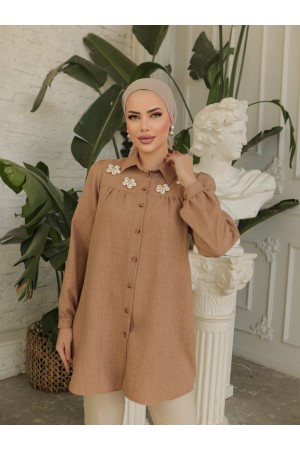 تونيك من الكتان مع رداء مُجمَّع وزخارف خاصة -تدرجات البيج