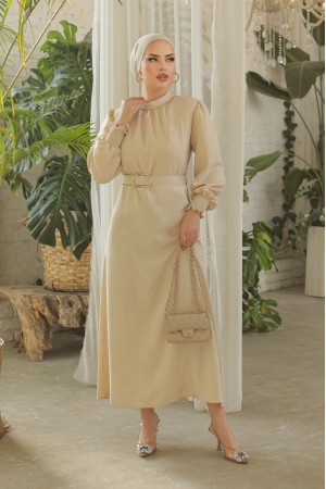 فستان من الكتان بحزام وياقة حجرية وأكمام مجمعة  -اللون البيج