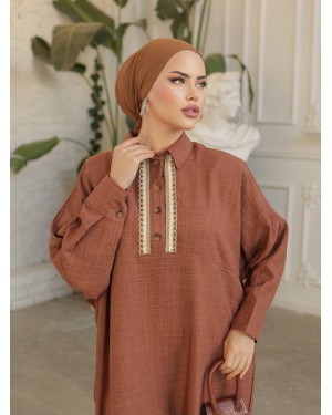 Düğmeli Dantel İşlemeli Salaş Keten Tunik  -Taba